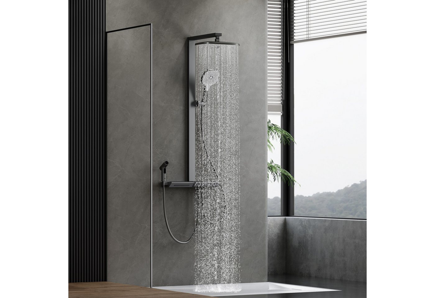 HOROW Duschsystem mit Thermostat Regendusche Duschset mit Ablage und Kopfbrause, 3 Strahlart(en), Regendusche Set, Hohenverstellbar, mit Spritzbrause, Piano-Tasten, Chrom/Felsgrau Bild 2