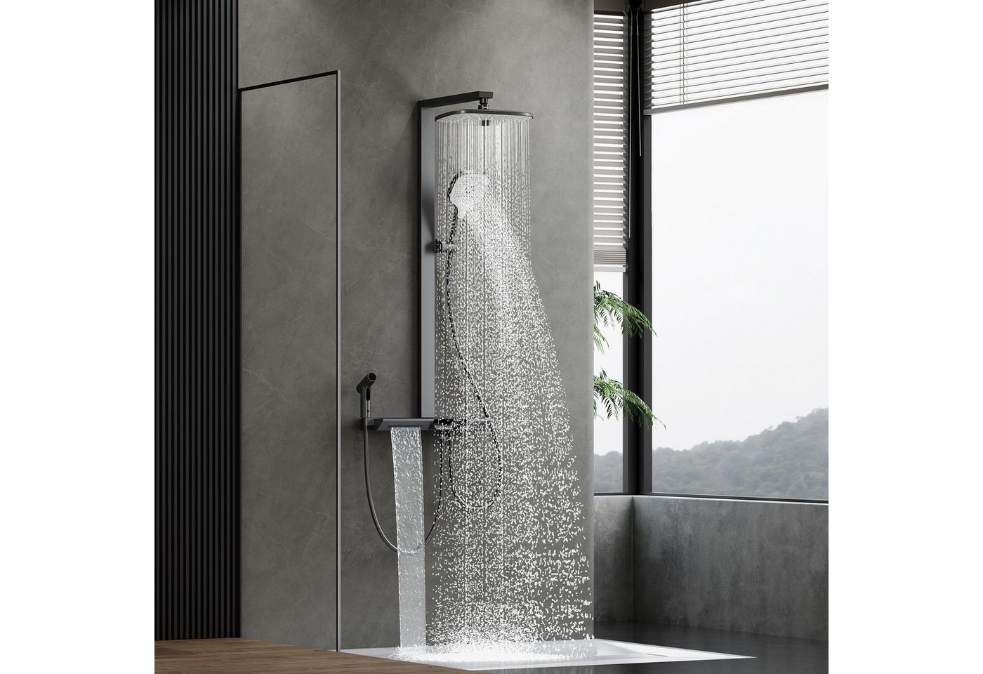 HOROW Duschsystem mit Thermostat Regendusche Duschset mit Ablage und Kopfbrause, 3 Strahlart(en), Regendusche Set, Hohenverstellbar, mit Spritzbrause, Piano-Tasten, Chrom/Felsgrau Bild 3