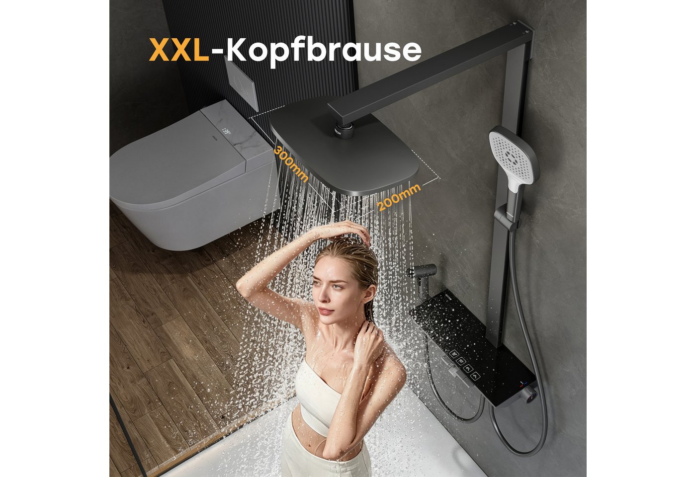 HOROW Duschsystem mit Thermostat Regendusche Duschset mit Ablage und Kopfbrause, 3 Strahlart(en), Regendusche Set, Hohenverstellbar, mit Spritzbrause, Piano-Tasten, Chrom/Felsgrau Bild 4
