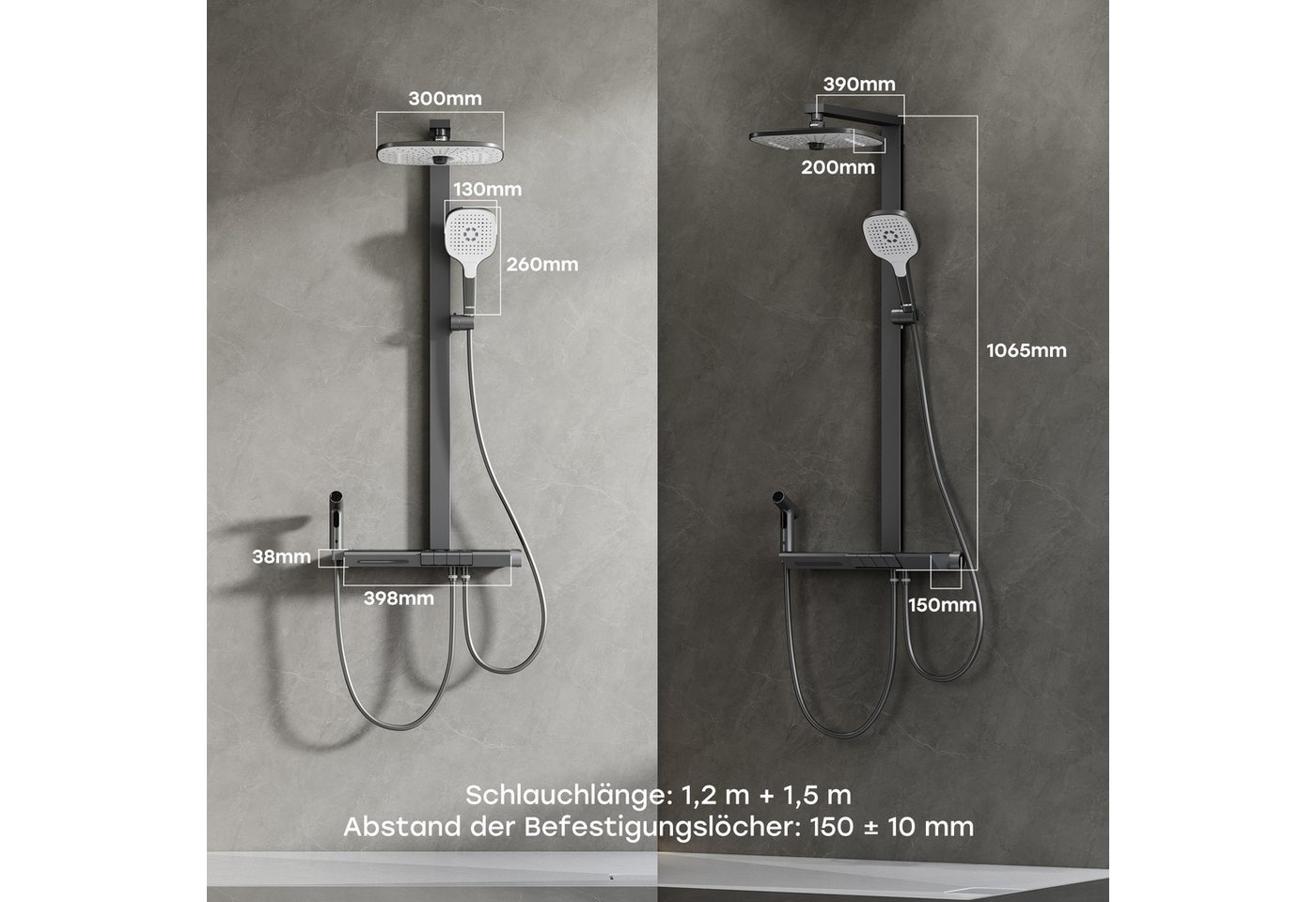 HOROW Duschsystem mit Thermostat Regendusche Duschset mit Ablage und Kopfbrause, 3 Strahlart(en), Regendusche Set, Hohenverstellbar, mit Spritzbrause, Piano-Tasten, Chrom/Felsgrau Bild 5