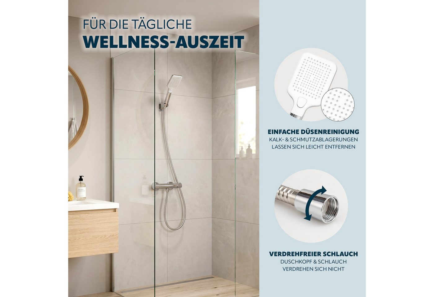 eluno Handbrause inkl. Brauseschlau und Wandhalterung, (3-tlg., Handbrause, Brauseschlauch, Wandhalterung), Wandhalterung zum Kleben Bild 3