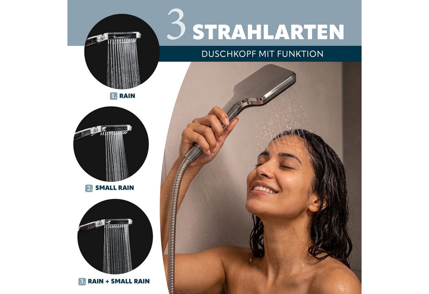 eluno Handbrause inkl. Brauseschlau und Wandhalterung, (3-tlg., Handbrause, Brauseschlauch, Wandhalterung), Wandhalterung zum Kleben Bild 4