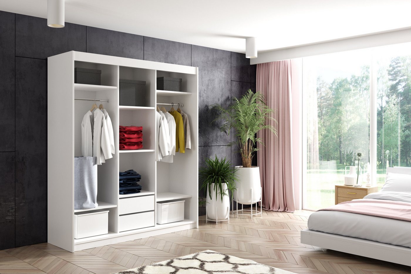ALTDECOR Schiebetürenschrank GRACE (Kleiderschrank Garderobenschrank mit viel Stauraum Moderner Schrank) Spiegel Spiegeltüren Vielseitiger Schwebetürenschrank LED Beleuchtung Bild 4