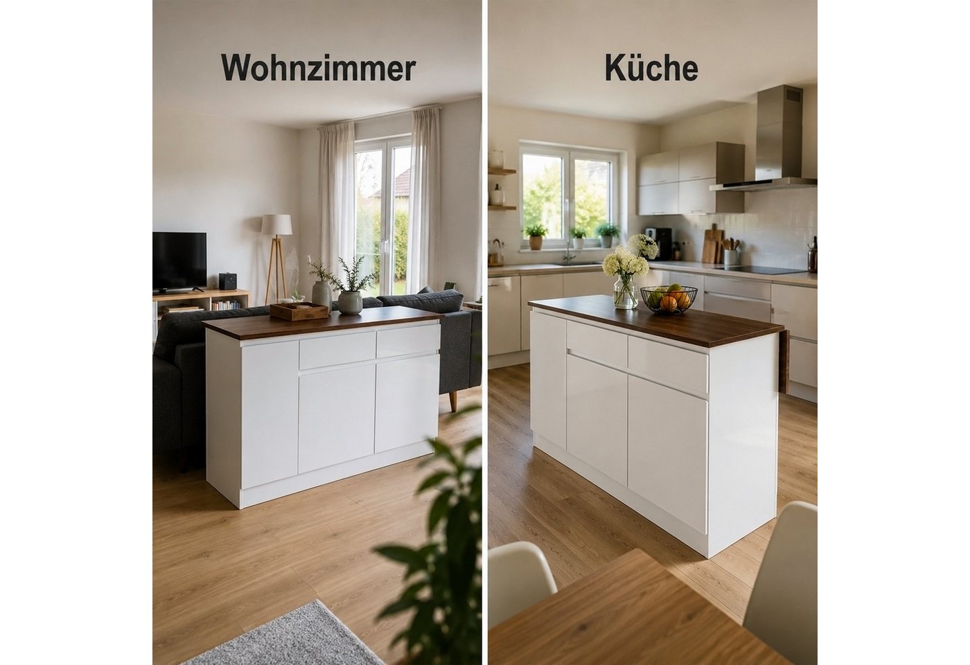 FUFU&GAGA Kücheninsel 145 cm mit klappbarer Arbeitsplatte, Hochglanz Weiß Bild 2