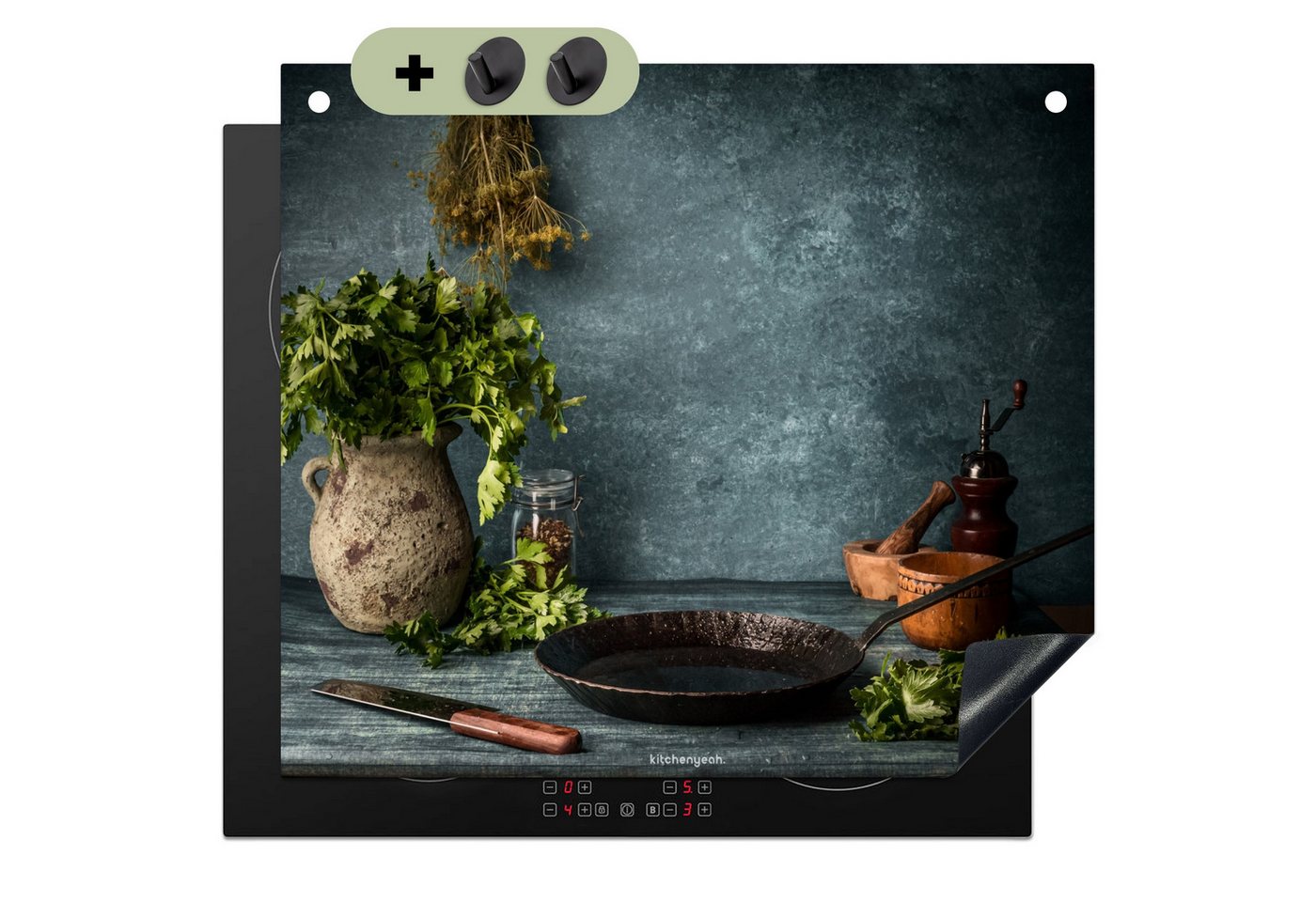 KitchenYeah Küchenrückwand Kräuter - Stilleben - Gewürze, (1-tlg), Ceranfeldabdeckung Küche, Herdabdeckplatte Einteilig, 59x51 cm