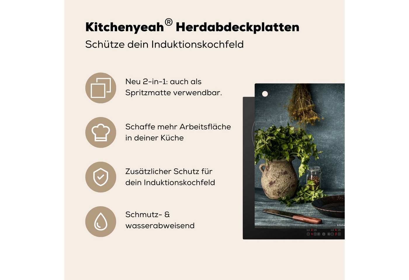 KitchenYeah Küchenrückwand Kräuter - Stilleben - Gewürze, (1-tlg), Ceranfeldabdeckung Küche, Herdabdeckplatte Einteilig, 59x51 cm Bild 3