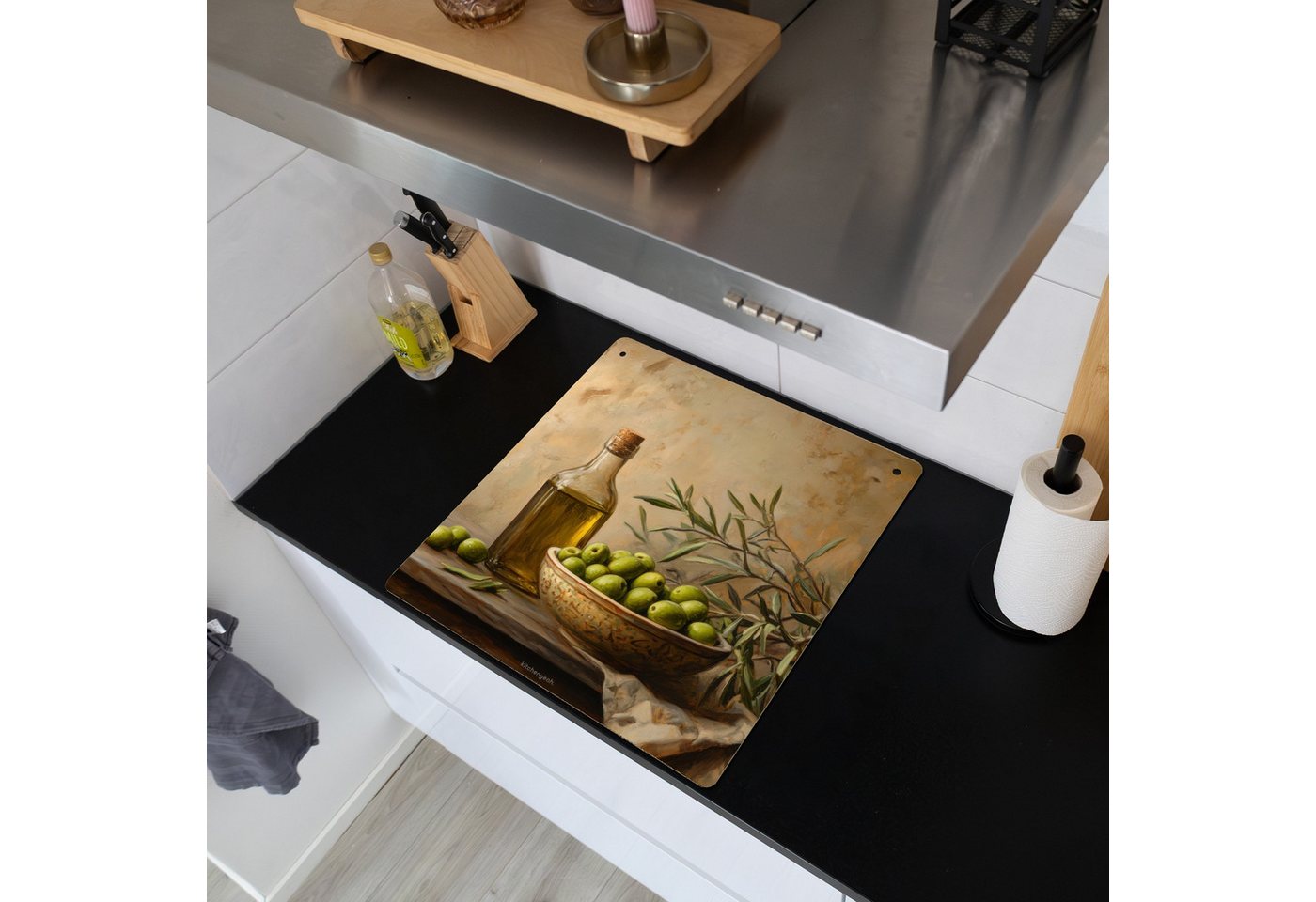 KitchenYeah Küchenrückwand Oliven - Stilleben - Vintage, (1-tlg), Kochfeld Abdeckung Ceranfeld, Induktionsschutzmatte, 58x59 cm