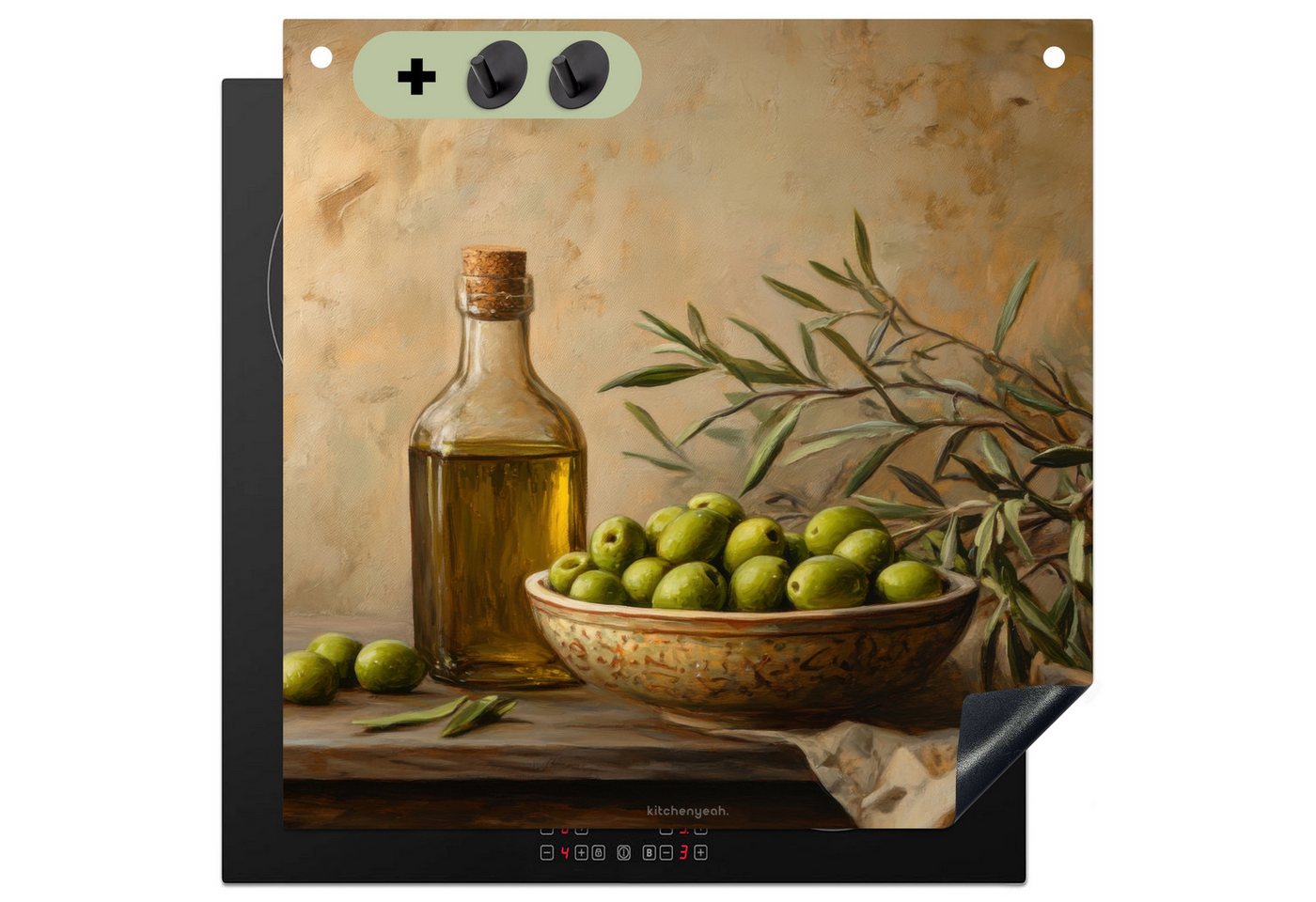 KitchenYeah Küchenrückwand Oliven - Stilleben - Vintage, (1-tlg), Kochfeld Abdeckung Ceranfeld, Induktionsschutzmatte, 58x59 cm Bild 4