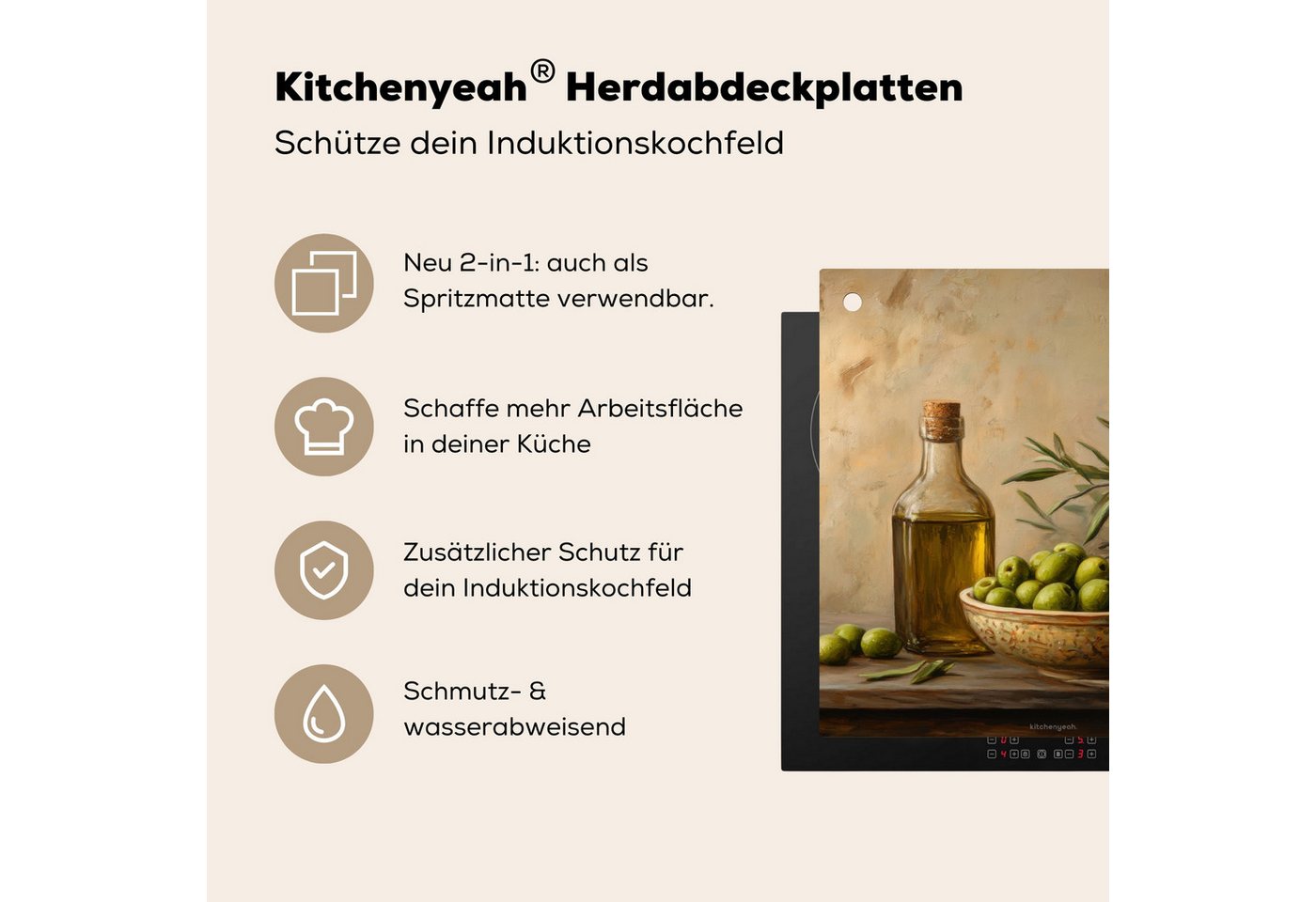 KitchenYeah Küchenrückwand Oliven - Stilleben - Vintage, (1-tlg), Kochfeld Abdeckung Ceranfeld, Induktionsschutzmatte, 58x59 cm Bild 5