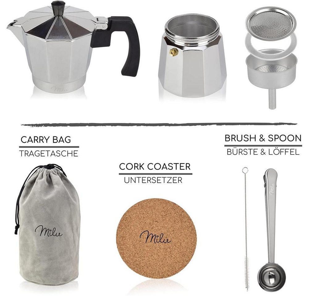 Milu Espressokocher, Mokkakanne, 6 Tassen, 300ml, Espressokanne, silber Bild 5