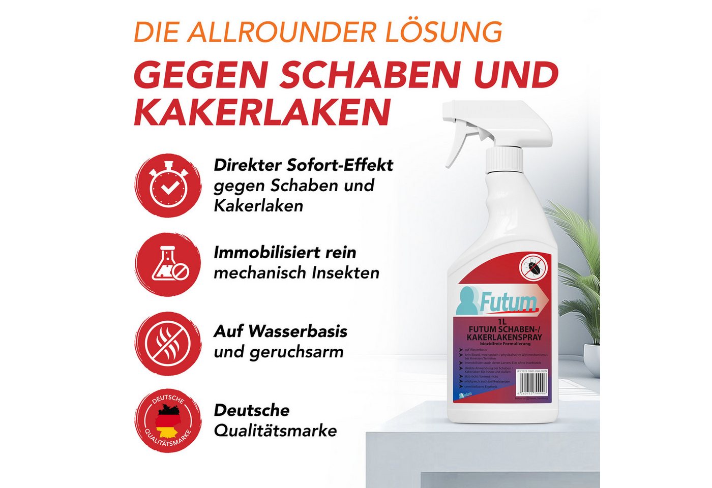FUTUM Insektenspray Kakerlaken Spray Schaben Spray Küchenschaben Abwehr, 1 l, biozidfreie Formel, auf Wasserbasis, geruchsarm, brennt / ätzt nicht Bild 2