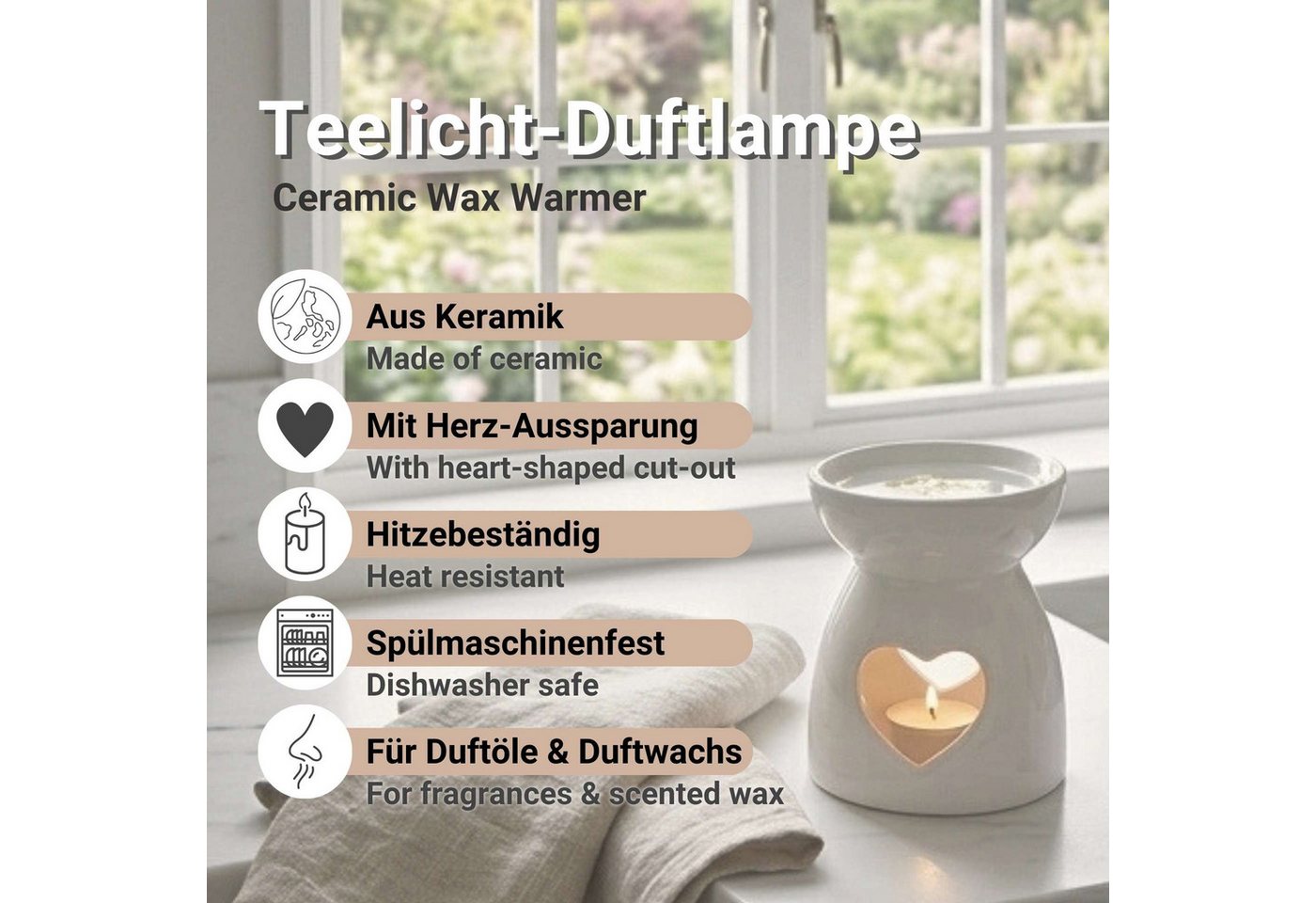DistrEbution Duftlampe Keramik Teelicht-Duftlampe mit Herz-Aussparung (1 St), Hochwertige Keramik Bild 4