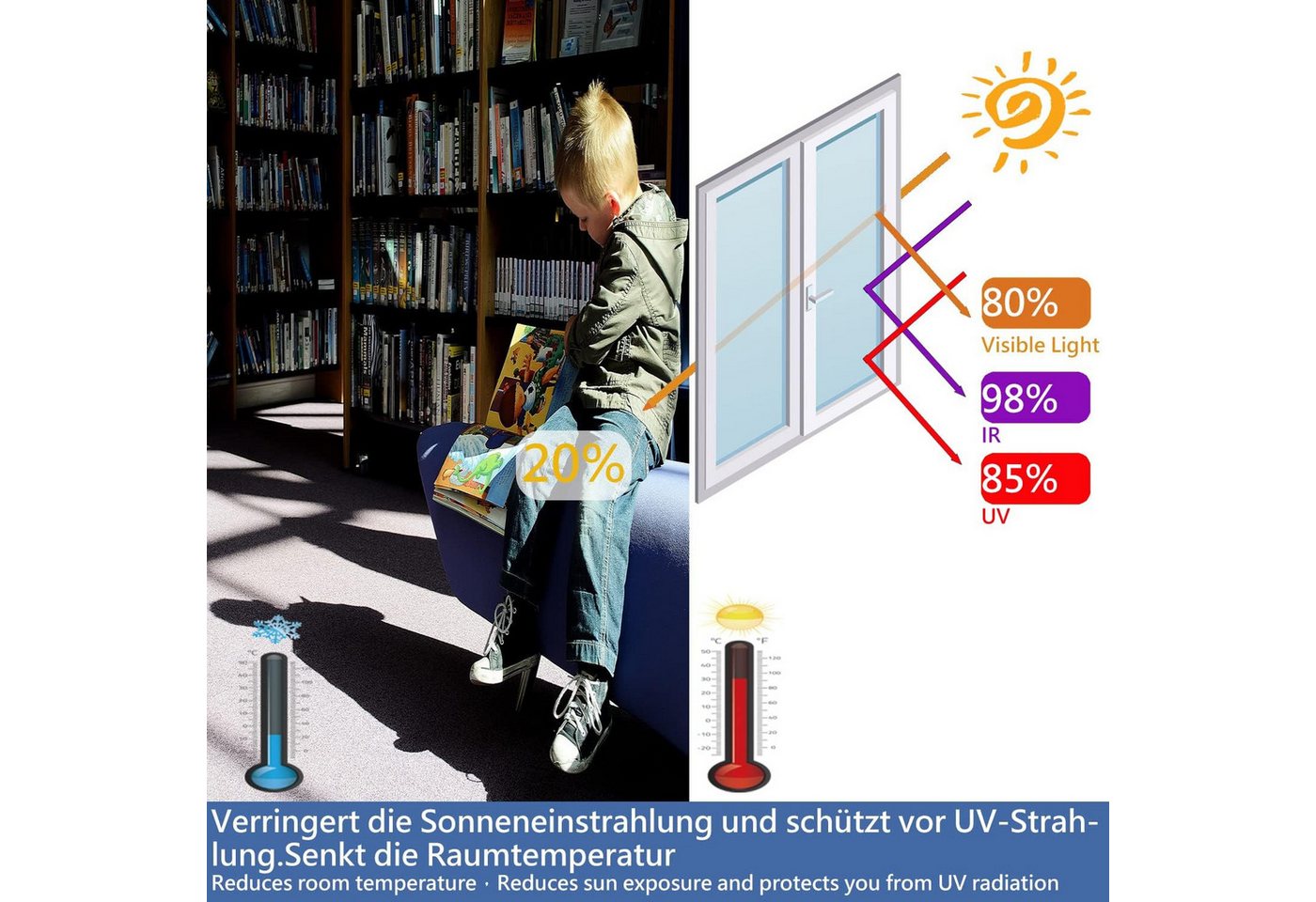 Coonoor Sonnenschutz-Fensterfolie UV-Schutz Sonnenschutzfolie Fenster innen oder außen, Spiegelfolie Fenster Sichtschutz Selbstklebend Fensterfolie Bild 3