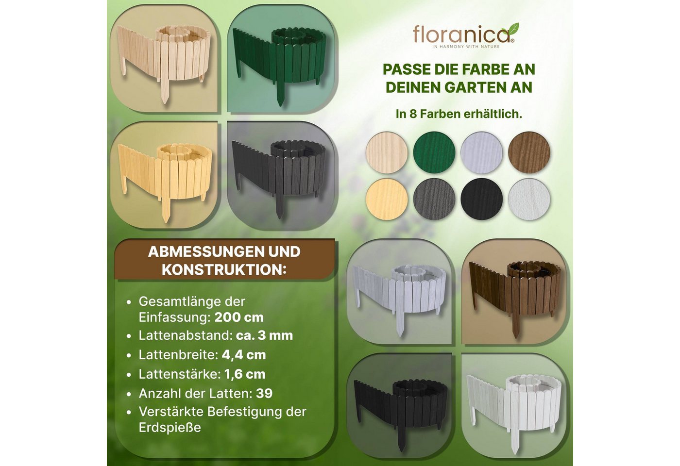 Floranica Palisade Rasenkante Holz Flexible Beeteinfassung Rollborder Gartenzaun, LxH: 200x10 cm, Dunkelgrün, Umzäunung für Garten Blumenbeeten Gemüsebeeten Rosen