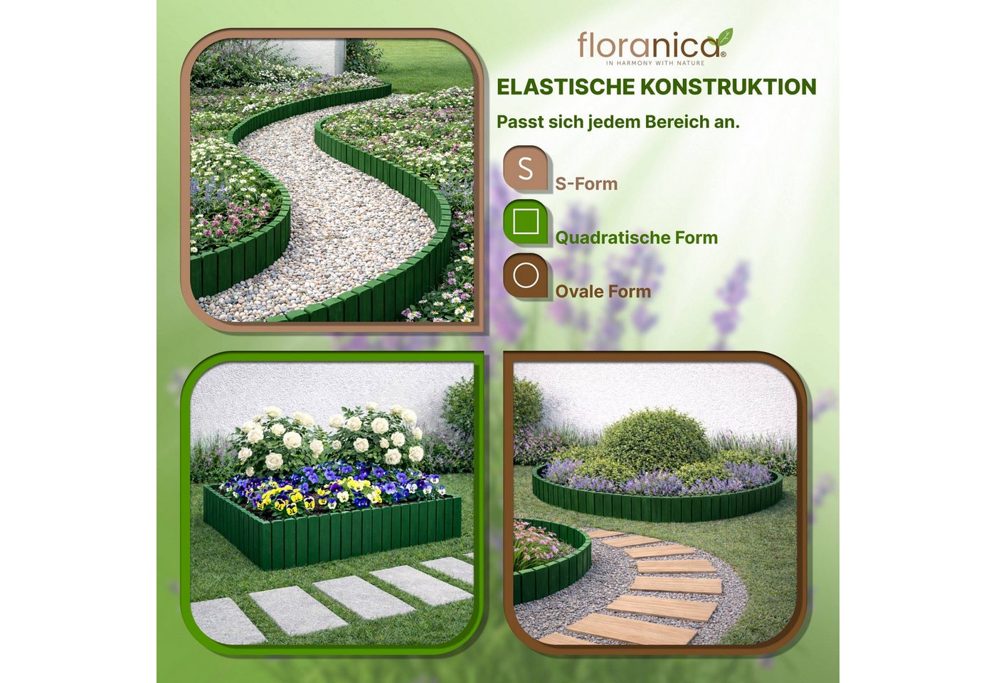 Floranica Palisade Rasenkante Holz Flexible Beeteinfassung Rollborder Gartenzaun, LxH: 200x10 cm, Dunkelgrün, Umzäunung für Garten Blumenbeeten Gemüsebeeten Rosen Bild 3
