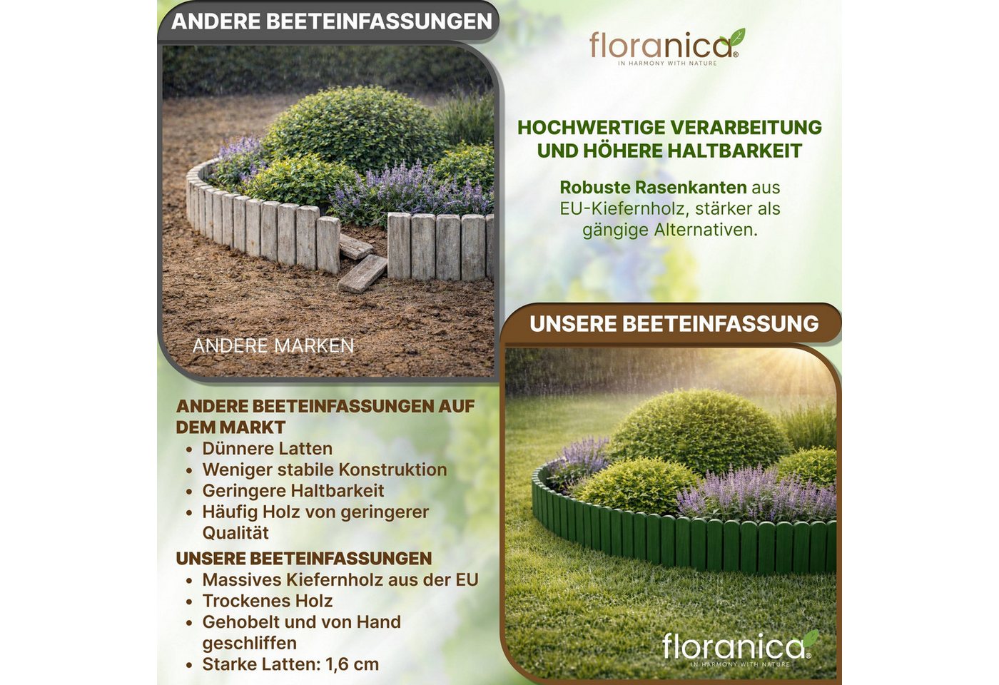 Floranica Palisade Rasenkante Holz Flexible Beeteinfassung Rollborder Gartenzaun, LxH: 200x10 cm, Dunkelgrün, Umzäunung für Garten Blumenbeeten Gemüsebeeten Rosen Bild 4