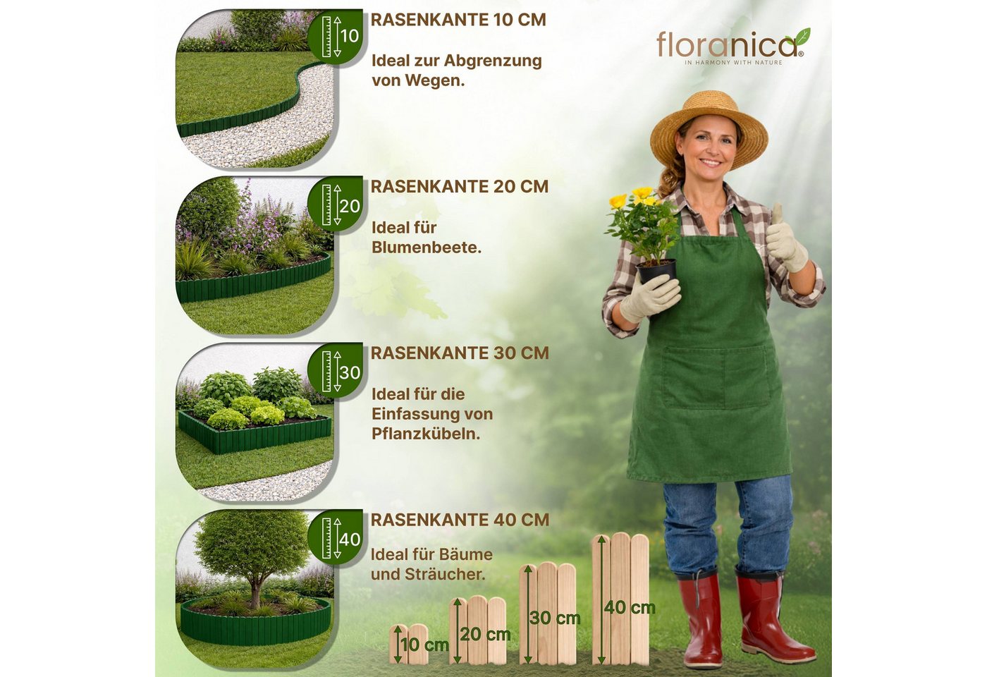 Floranica Palisade Rasenkante Holz Flexible Beeteinfassung Rollborder Gartenzaun, LxH: 200x10 cm, Dunkelgrün, Umzäunung für Garten Blumenbeeten Gemüsebeeten Rosen Bild 5