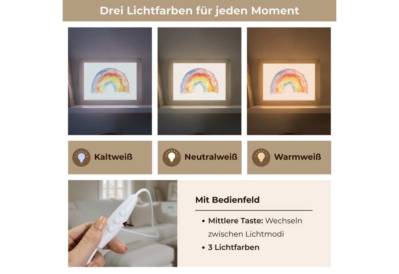 OnlyWow Wandleuchte Lightbox Regenbogen - Aquarell - Farbenfroh - Mädchen, Dimmbar, Farbwechsel, LED, Warmweiß, Kaltweiß, Neutralweiß Einstellbar, Wandlampe Innen, Dimmbar, mit Kabel, LED, Modern, Kinder Bild 4