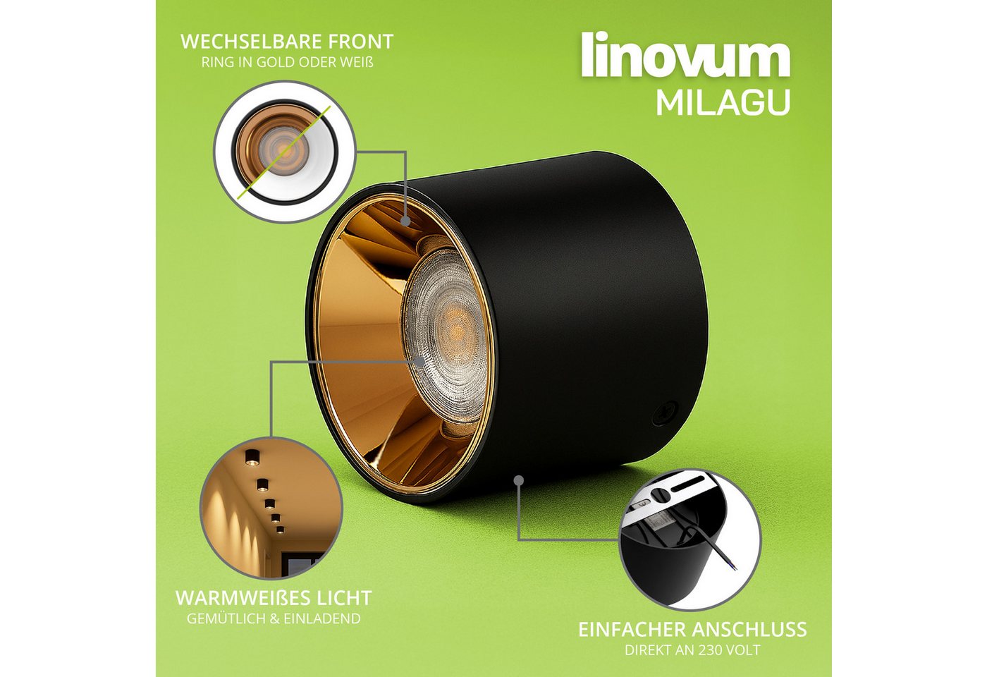 linovum LED Aufbaustrahler MILAGU LED Aufbauspot schwarz gold Aufbaustrahler flach warmweiß, Warmweiß