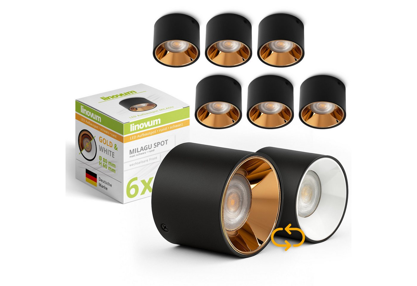 linovum LED Aufbaustrahler MILAGU LED Aufbauspot schwarz gold Aufbaustrahler flach warmweiß, Warmweiß Bild 2