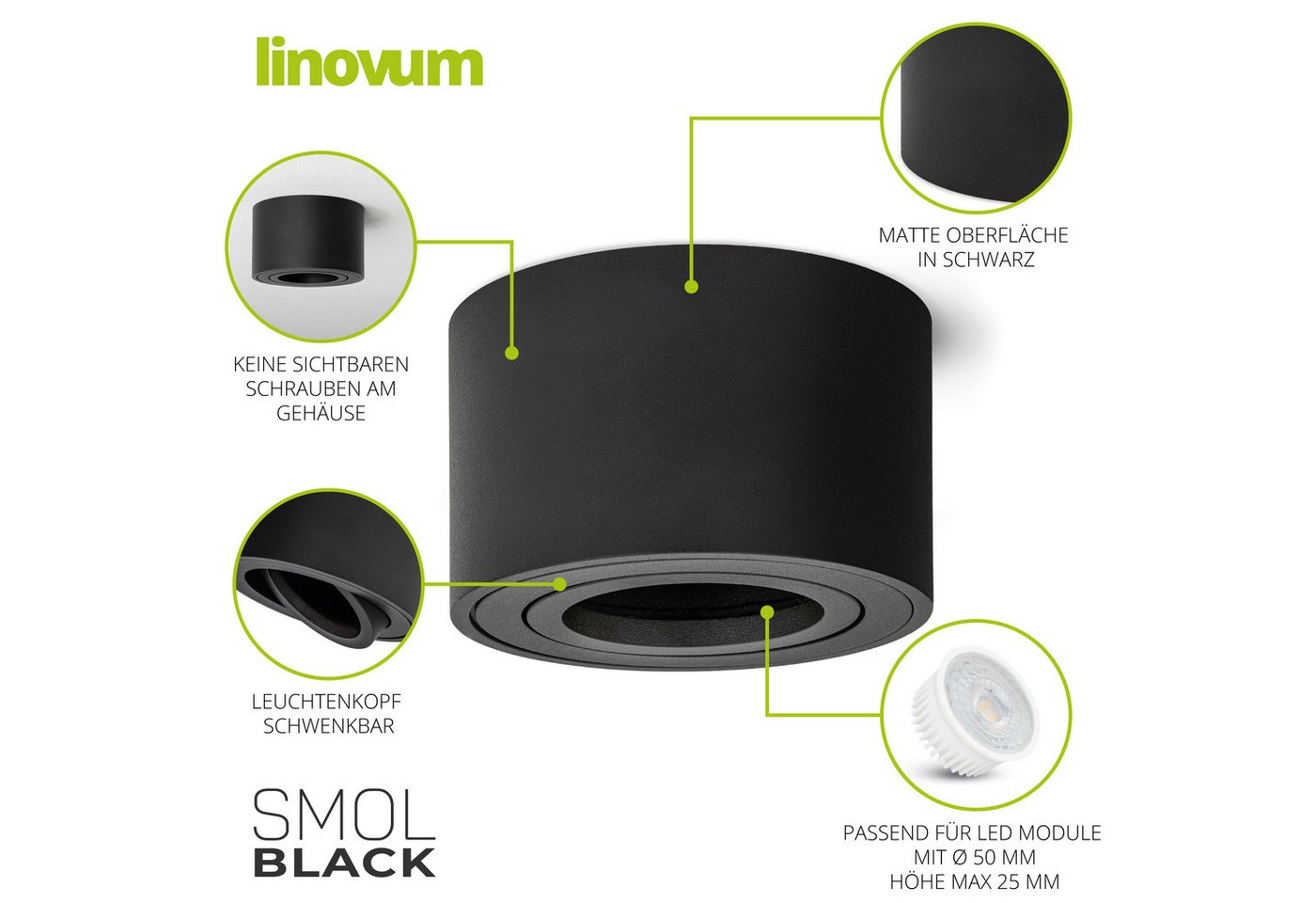 linovum LED Aufbaustrahler Schwenkbare Aufbauleuchten SMOL matt schwarz - Aufbauspot schwenkbar Bild 4