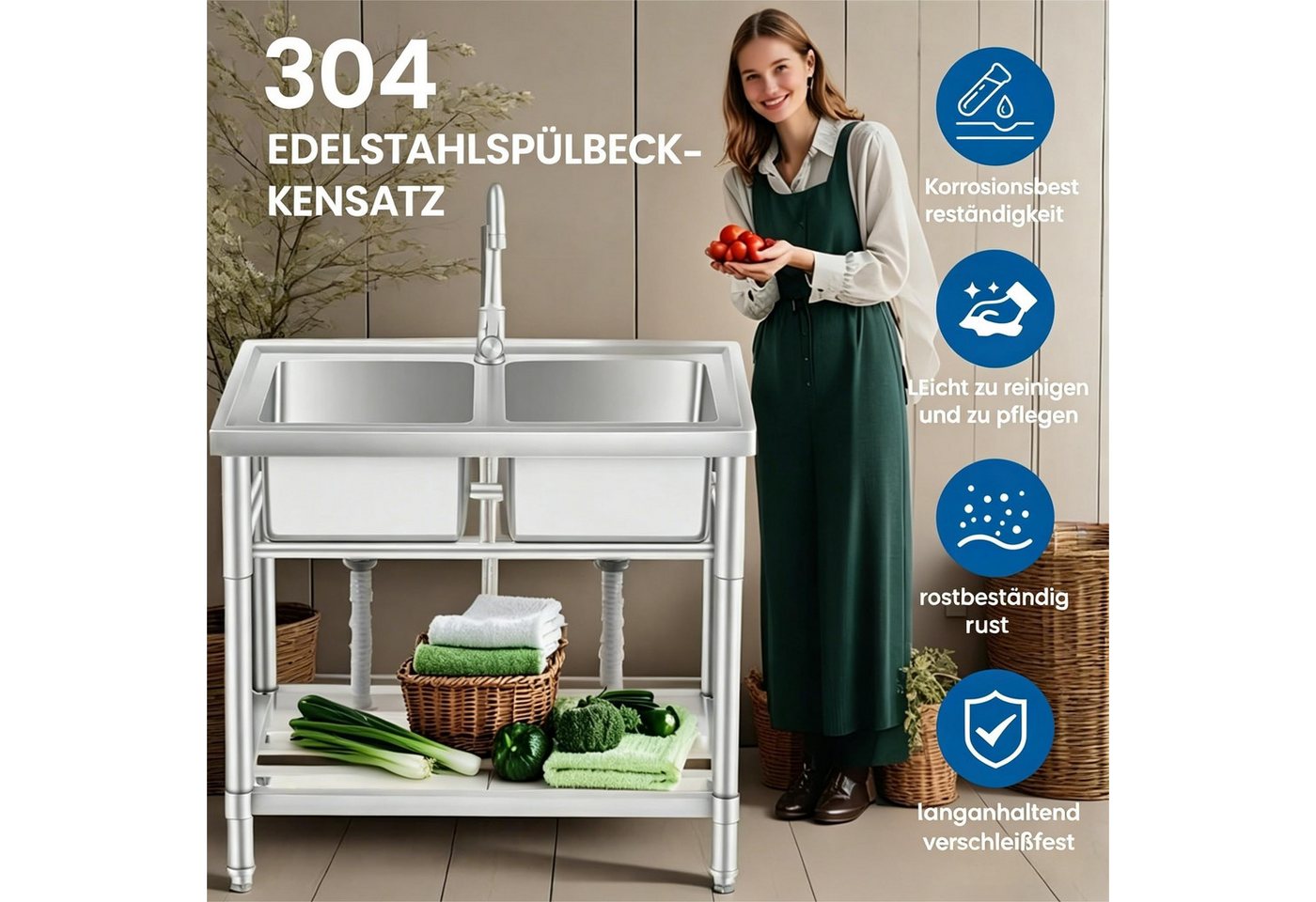 GarveeMore Edelstahlspüle Doppelspülbecken aus Edelstahl, 2 Becken mit herausziehbarer Armatur, für Küche, Camping und Außenbereich