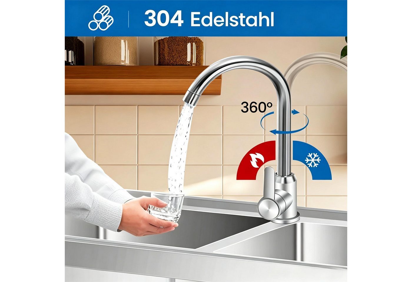 GarveeMore Edelstahlspüle Doppelspülbecken aus Edelstahl, 2 Becken mit herausziehbarer Armatur, für Küche, Camping und Außenbereich Bild 3