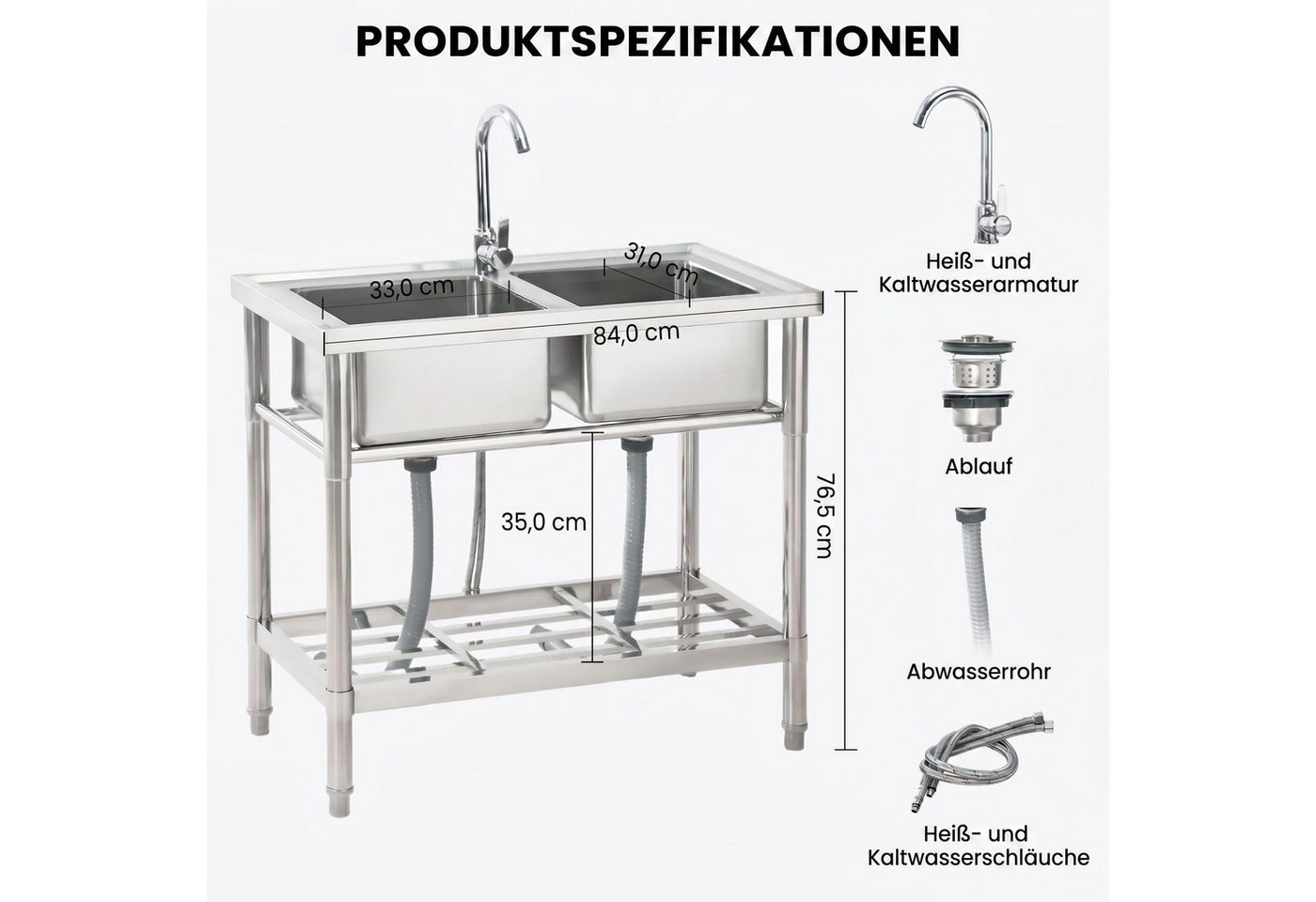 GarveeMore Edelstahlspüle Doppelspülbecken aus Edelstahl, 2 Becken mit herausziehbarer Armatur, für Küche, Camping und Außenbereich Bild 4