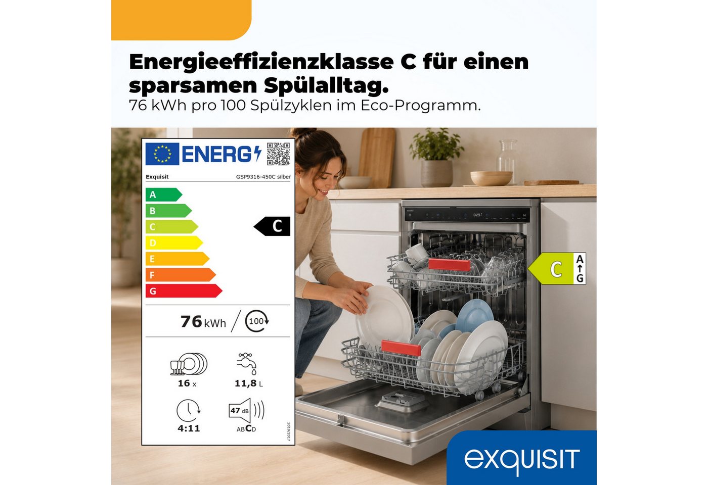 exquisit Standgeschirrspüler 9316 GSP9316-450C silber, 10,9 l, 16 Maßgedecke, 16 Maßgedecke, LED, Besteckschublade, Auto Door Open, AquaStop Bild 3