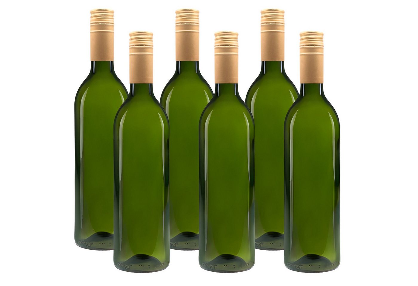 mikken Trinkflasche 6 Ölflaschen 750 ml Weinflasche Glasflasche grün inkl. Etiketten, mit goldenem Deckel, 0,75 L