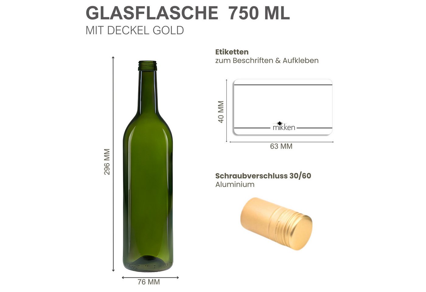 mikken Trinkflasche 6 Ölflaschen 750 ml Weinflasche Glasflasche grün inkl. Etiketten, mit goldenem Deckel, 0,75 L Bild 2