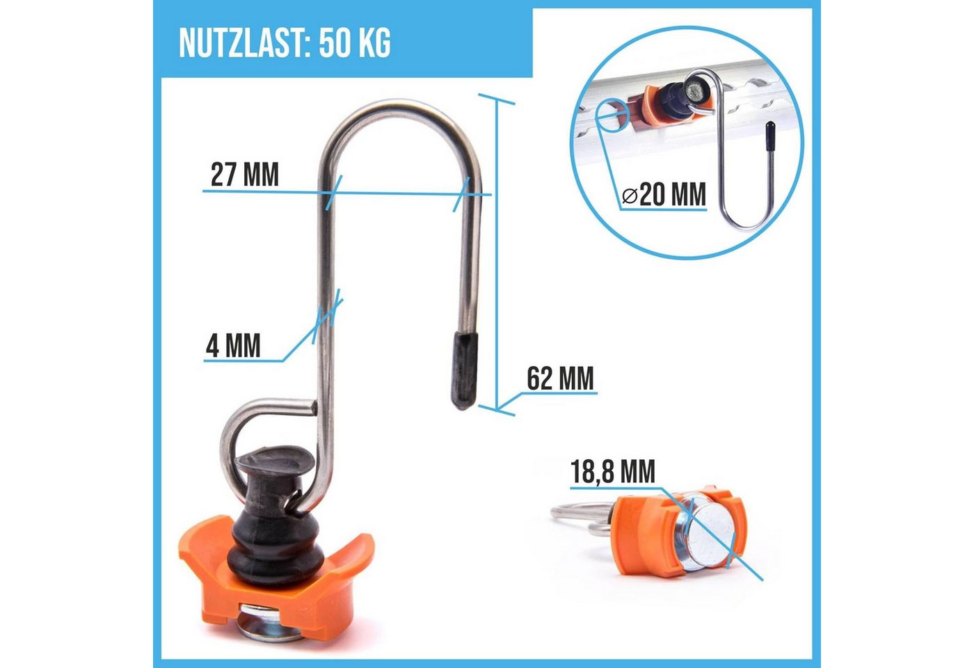 INDUSTRIE PLANET Spanngurt Haken für Airlineschiene – Edelstahl 50 kg Tragkraft Fitting Set (Zubehör-Set, 4-St., 4er-Set Haken mit Endbeschlag für Airlineschienen) Mit Schutzkappe, Bis 50 kg Tragkraft, Farbliche Kennzeichnung Bild 5