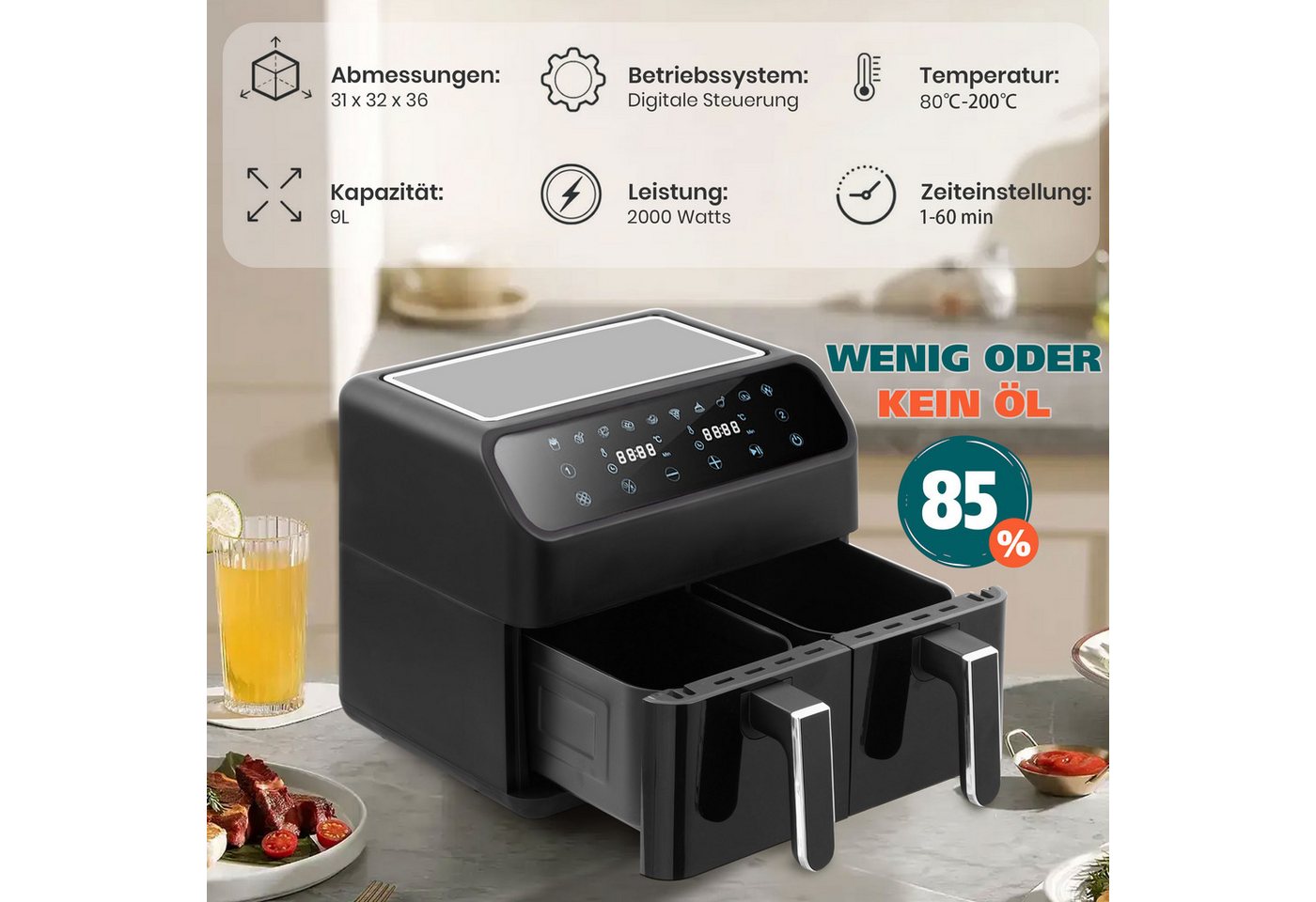 WHEELYOU Heißluftfritteuse 9L Heissluftfritteuse, XXL Airfryer mit Doppelkammer, duale Zonen, 2000,00 W, Zwei Gerichte gleichzeitig – mit Sichtfenstern und 10 Programmen