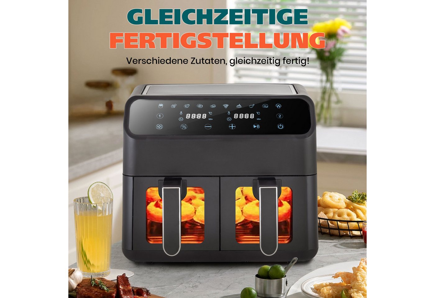 WHEELYOU Heißluftfritteuse 9L Heissluftfritteuse, XXL Airfryer mit Doppelkammer, duale Zonen, 2000,00 W, Zwei Gerichte gleichzeitig – mit Sichtfenstern und 10 Programmen Bild 3
