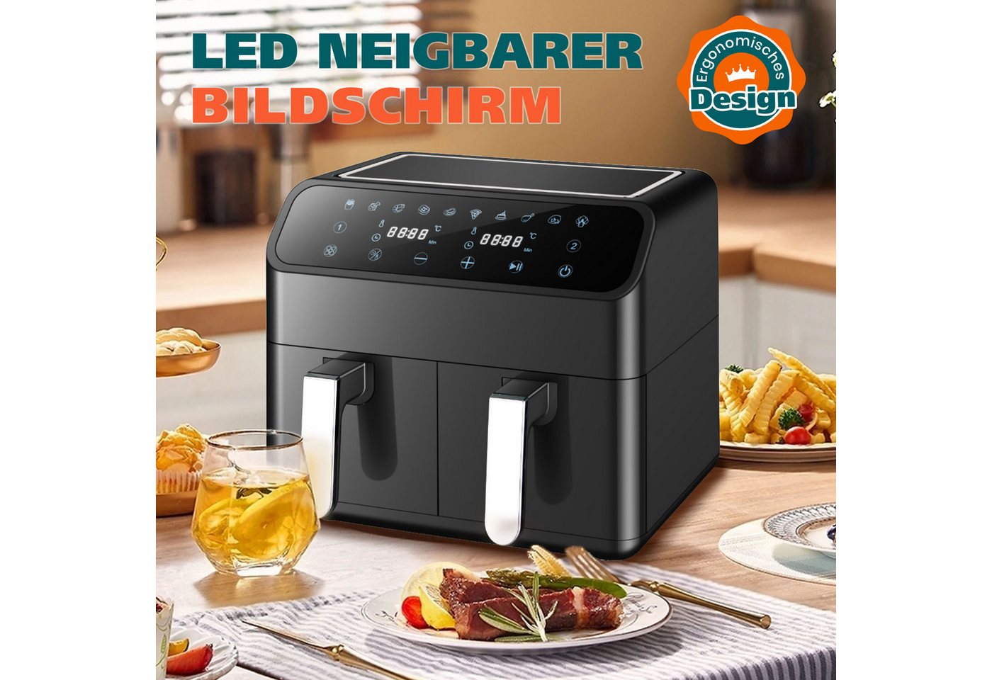 WHEELYOU Heißluftfritteuse 9L Heissluftfritteuse, XXL Airfryer mit Doppelkammer, duale Zonen, 2000,00 W, Zwei Gerichte gleichzeitig – mit Sichtfenstern und 10 Programmen Bild 4