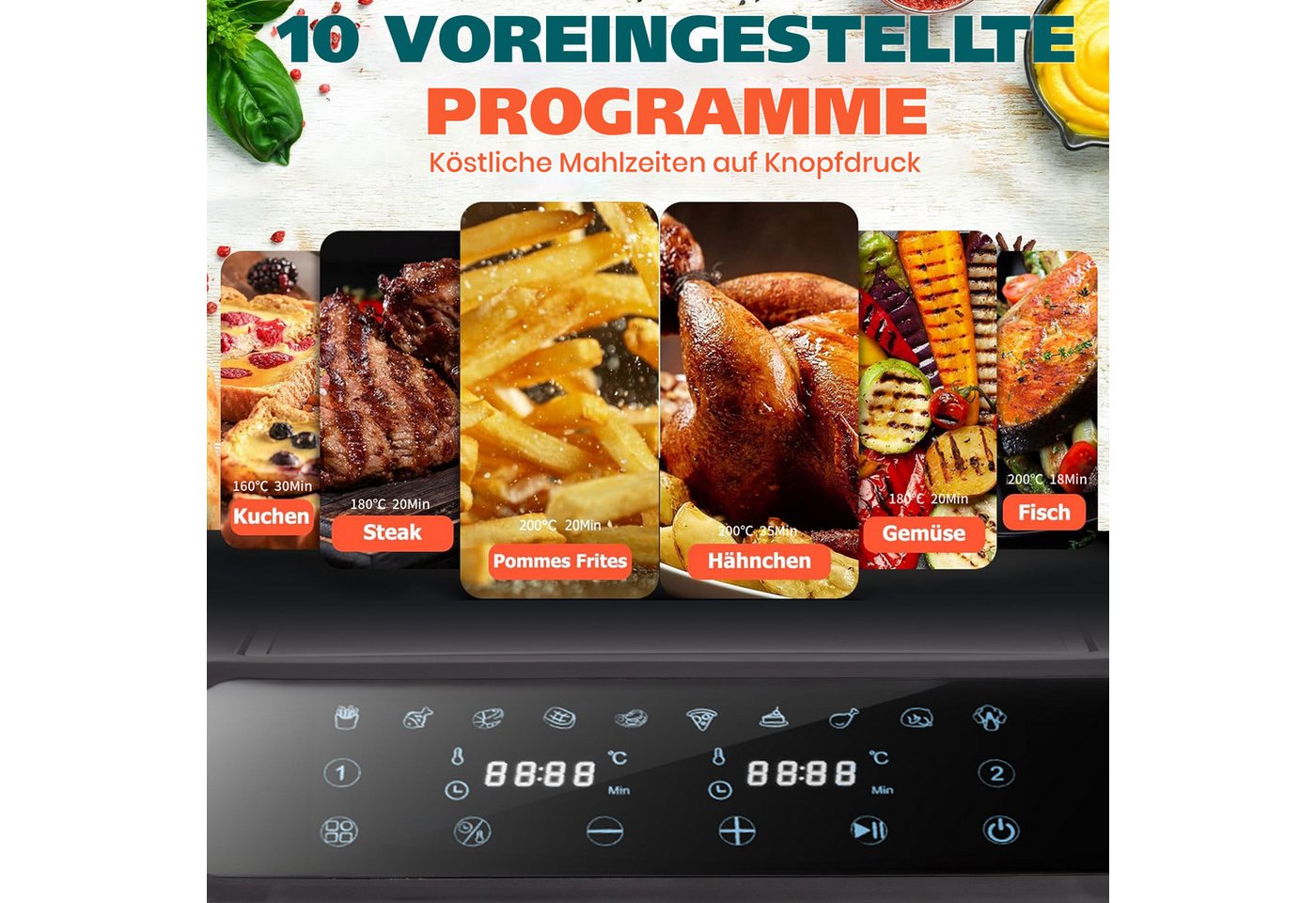 WHEELYOU Heißluftfritteuse 9L Heissluftfritteuse, XXL Airfryer mit Doppelkammer, duale Zonen, 2000,00 W, Zwei Gerichte gleichzeitig – mit Sichtfenstern und 10 Programmen Bild 5