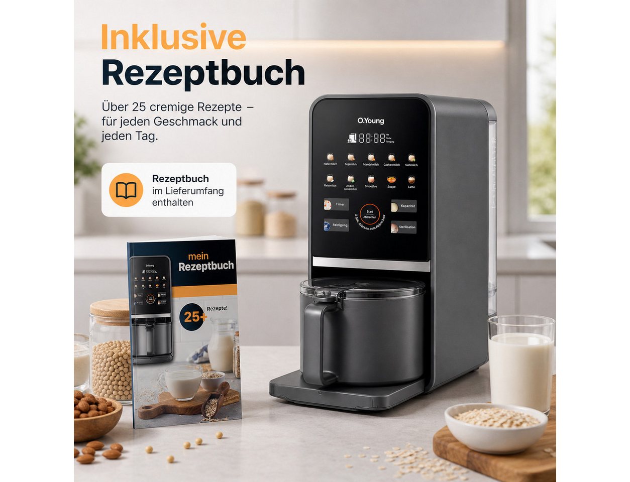 O.Young Stabmixer O.Young Pflanzenmilch-Maker Selbstreinigend Standmixer Veganmilch, 1200 W