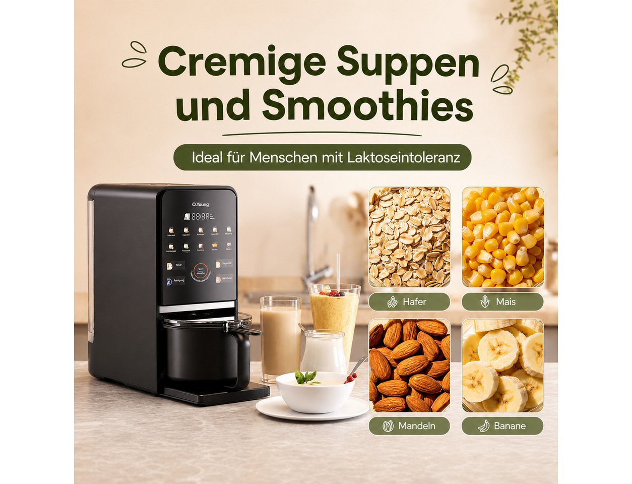 O.Young Stabmixer O.Young Pflanzenmilch-Maker Selbstreinigend Standmixer Veganmilch, 1200 W Bild 3