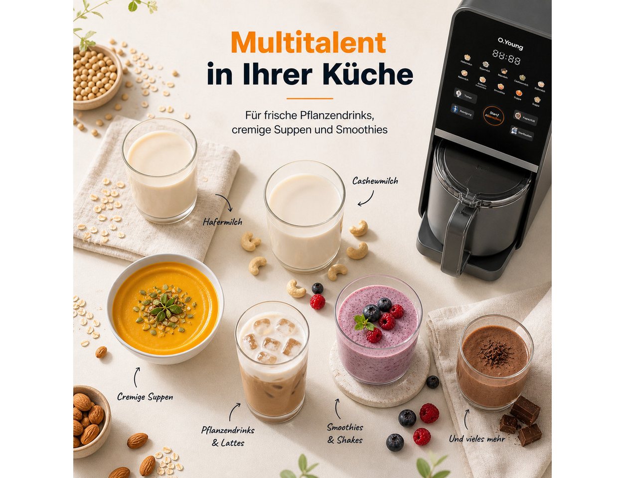 O.Young Stabmixer O.Young Pflanzenmilch-Maker Selbstreinigend Standmixer Veganmilch, 1200 W Bild 4