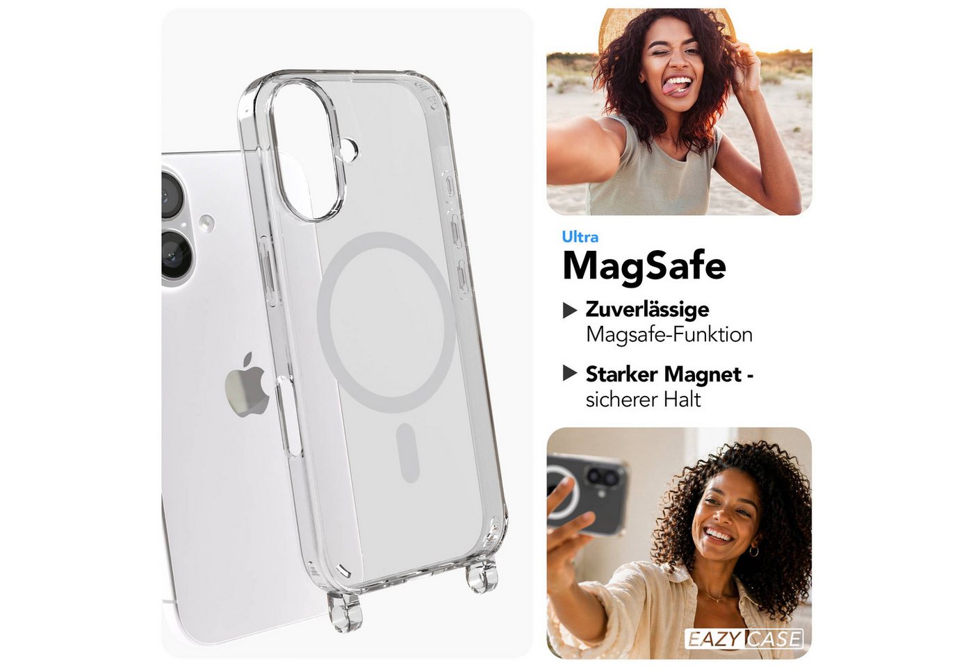 EAZY CASE Handykette für Apple iPhone 16 Handyhülle mit Handyband magnetisch, MagSafe Hülle in Schwarz mit Magnetband und flexibler Handykette