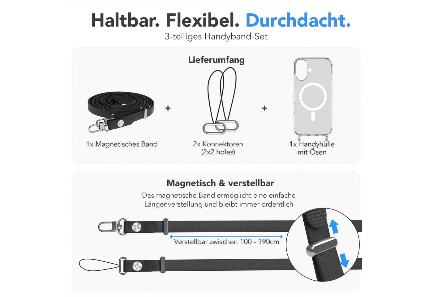 EAZY CASE Handykette für Apple iPhone 16 Handyhülle mit Handyband magnetisch, MagSafe Hülle in Schwarz mit Magnetband und flexibler Handykette Bild 2