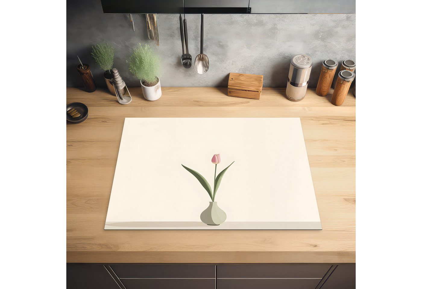 MuchoWow Herd-Abdeckplatte Tulpe - Vase - Beige, Vinyl, (1 tlg), Küche Herdabdeckung Ceranfeld Induktionsfeld Vinyl, 65x50 cm