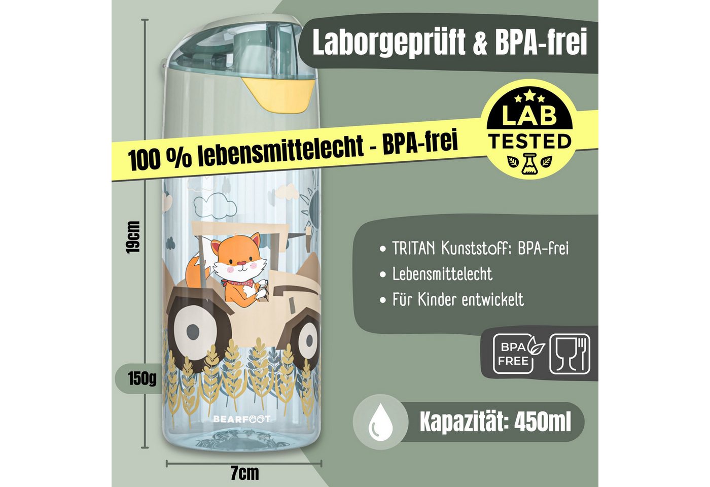 BEARFOOT Trinkflasche Trinkflasche Kinder, leichte Wasserflasche - Traktor sage Bild 5