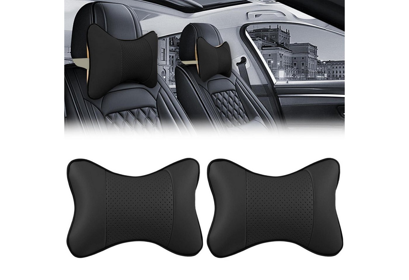 LuxusKollektion Autokopfstütze Nackenkissen Auto Kopfstütze Memory Foam PU Leder 28x18 2er Schwarz Bild 5