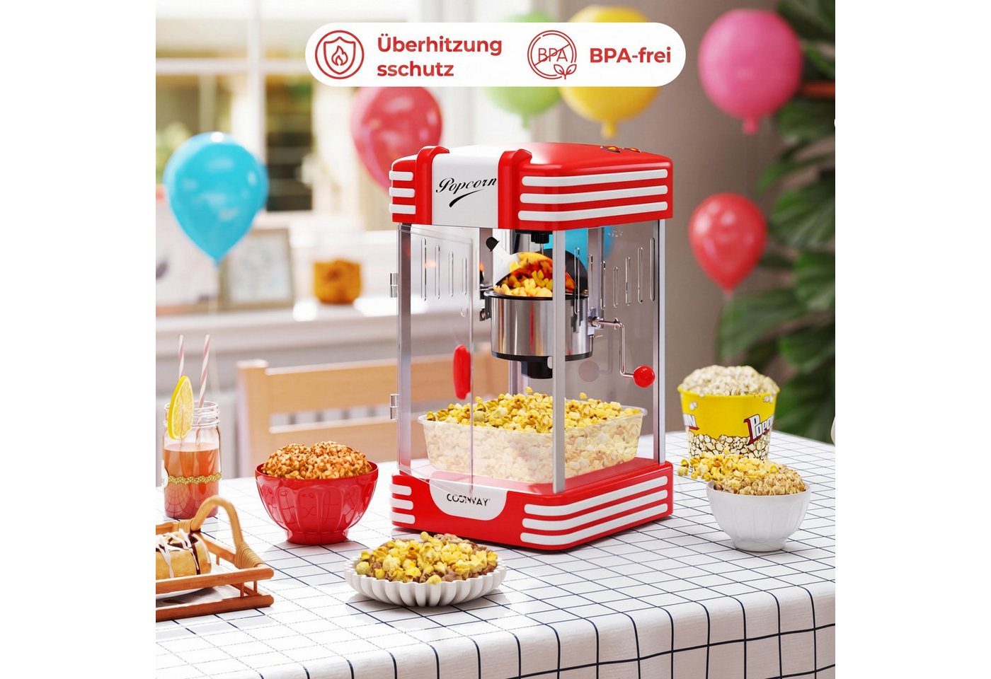 COSTWAY Popcornmaschine, Retro Popcornmaker mit Warmhaltelicht & Handkurbel