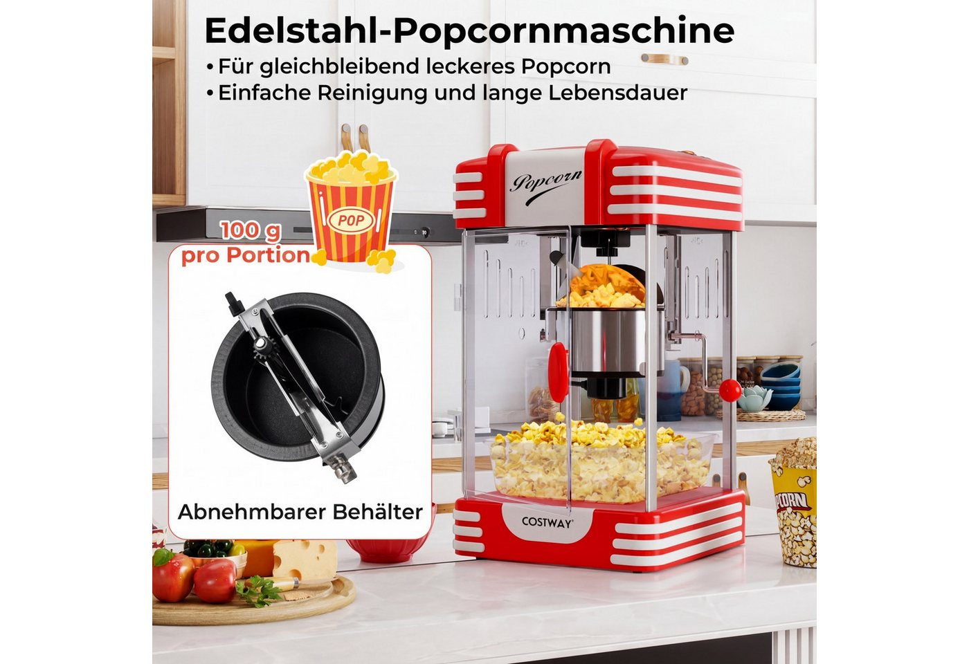 COSTWAY Popcornmaschine, Retro Popcornmaker mit Warmhaltelicht & Handkurbel Bild 3
