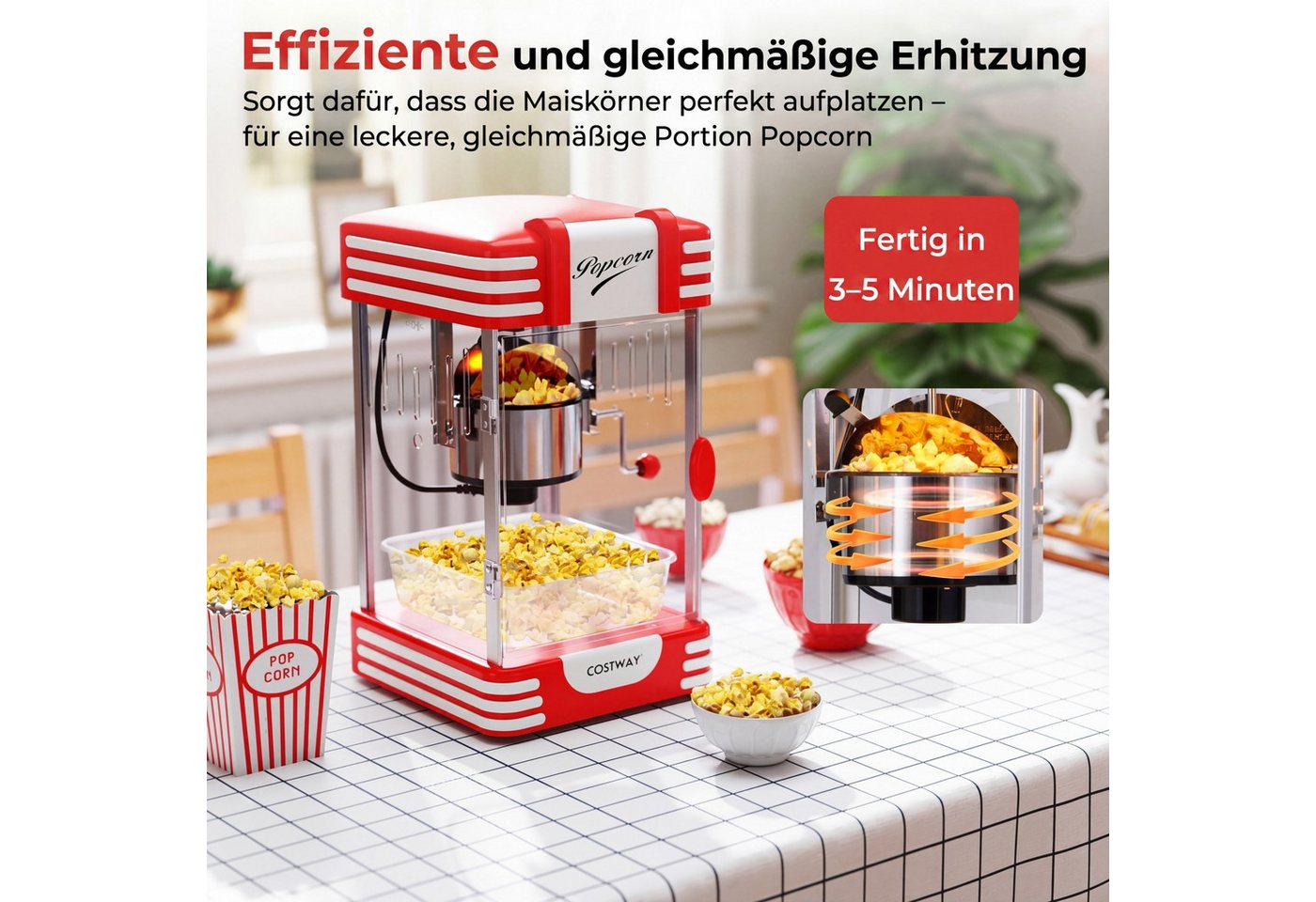 COSTWAY Popcornmaschine, Retro Popcornmaker mit Warmhaltelicht & Handkurbel Bild 5