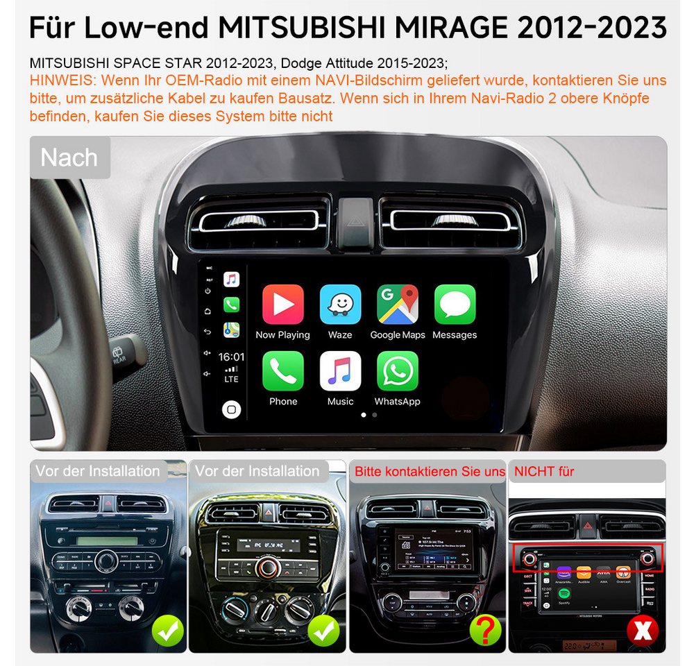 A-Sure 8-Core Für Mitsubishi Mirage Space Star DAB+ CarPlay GPS Android 15 Autoradio (Digitalradio (DAB), Carplay Android Auto Bluetooth EQ USB GPS Navi WIFI Touchscreen) Bild 2