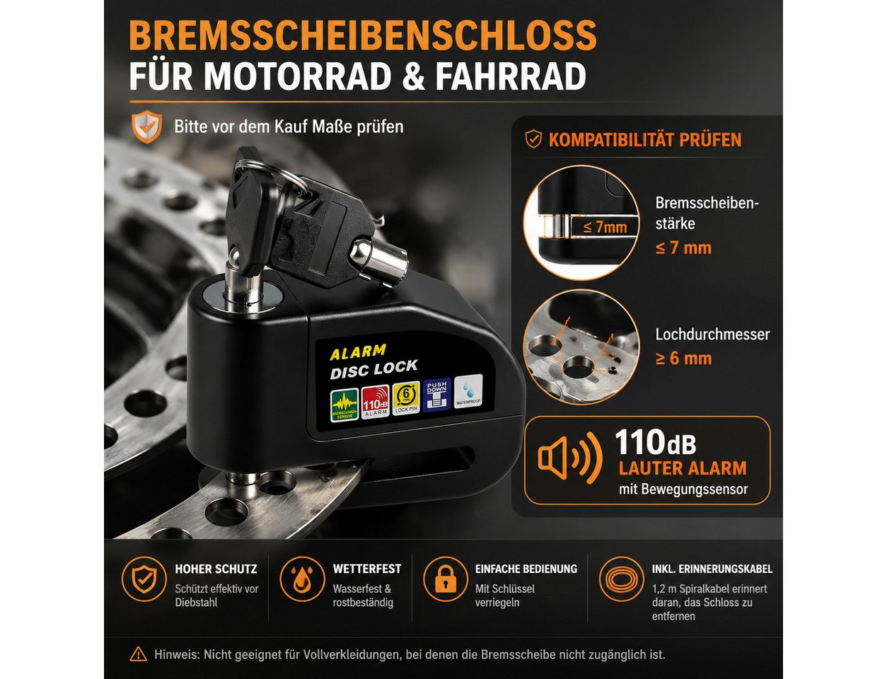 Fyrove Bremsscheibenschloss mit Alarm 110dB, Motorradschloss mit Erinnerungskabel (Diebstahlsicherung für Motorrad, Fahrrad und Scooter), wasserdichtes Sicherheitsschloss mit Aluminiumgehäuse Bild 3