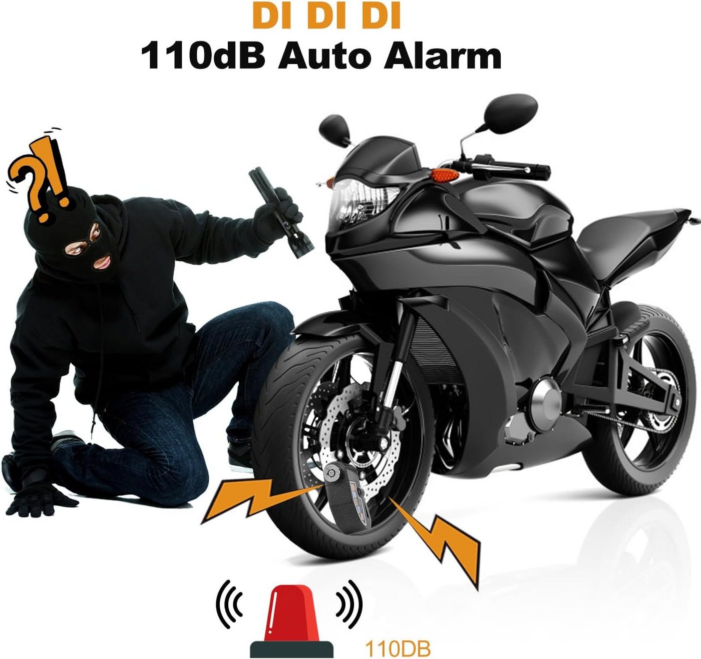 Fyrove Bremsscheibenschloss mit Alarm 110dB, Motorradschloss mit Erinnerungskabel (Diebstahlsicherung für Motorrad, Fahrrad und Scooter), wasserdichtes Sicherheitsschloss mit Aluminiumgehäuse Bild 4